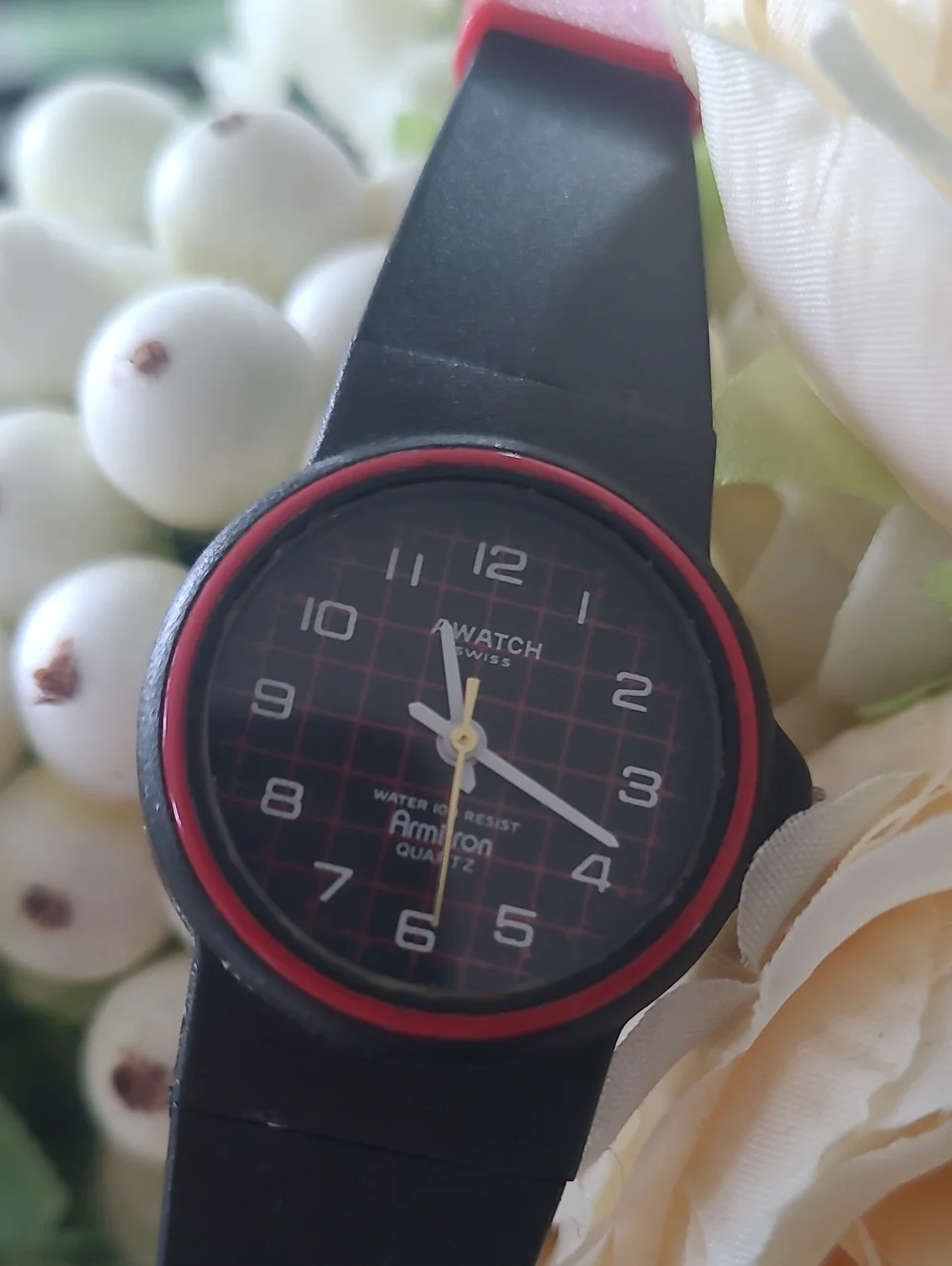 Vintage A Watch Swiss Quartz Black & Red Plaid Dial Wristwatch